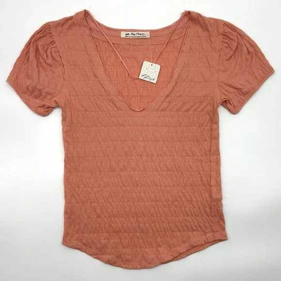 Free People Sugar Cube Women's Size Small Burnt Coral Pink V-Neck Ruched Top NWT - Picture 3 of 13